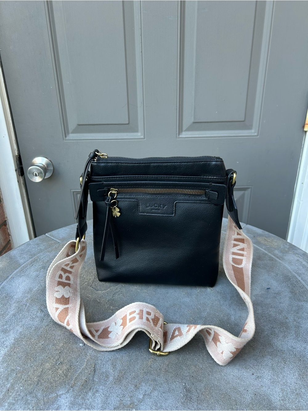 Lucky Brand Black Crossbody Bag with Beige Logo Strap